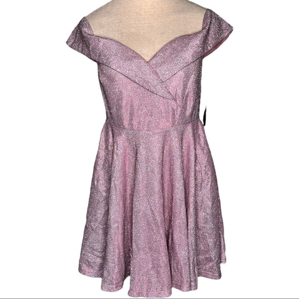 Lulus Shimmer Off Shoulder Dress Size Medium Circle Fit Flare Pink Barbiecore